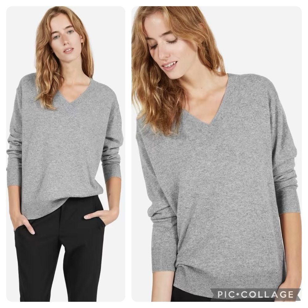 Everlane 100% The Cashmere Light Gray V Neck Sweater